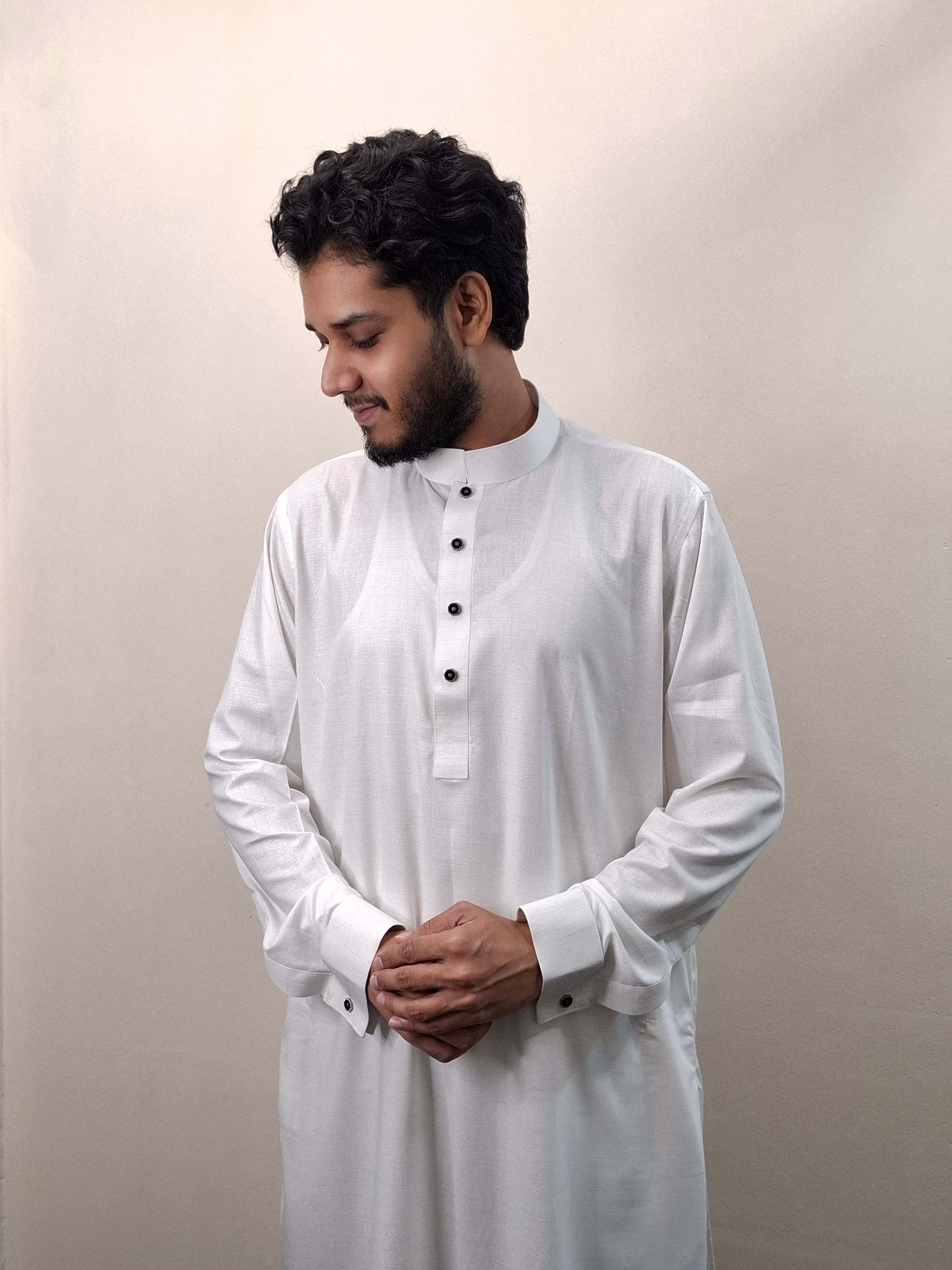 Men's Pakistani Fabrics Glossy White Platinum Panjabi